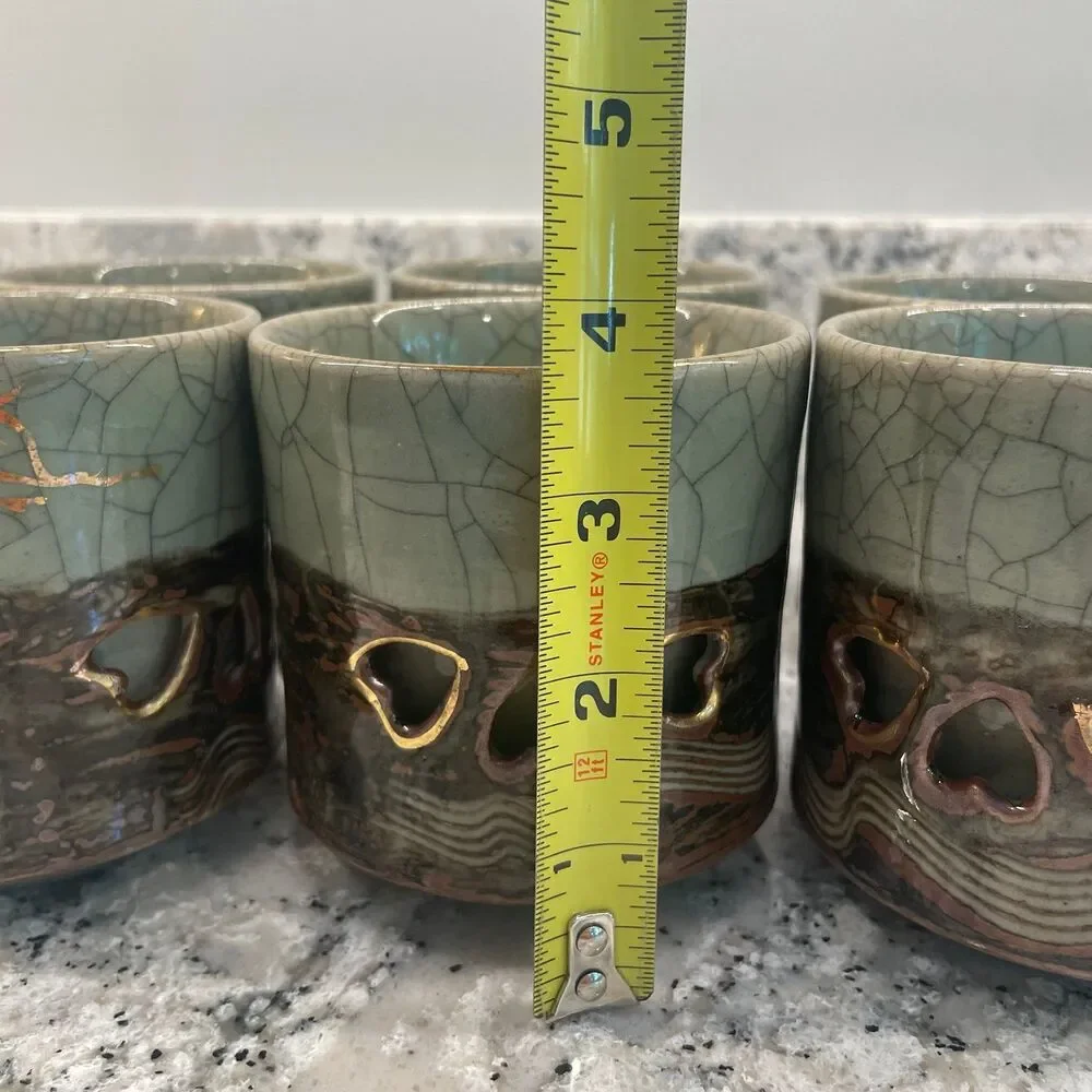 Vintage Somayaki Soma Ware Green Crackle Gold Horse Double Wall Mugs Set 6